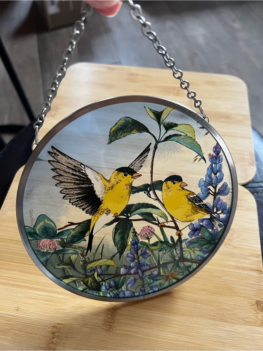 Vintage Goldfinch Bird Suncatcher Round Floral Window Hanging Blue Flowers Decor